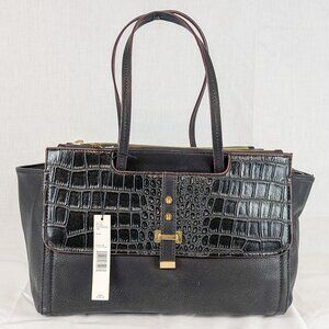 ANTONIO MELANI Black Vegan Leather Croc-Embossed Tote with Gold Details